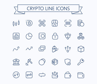 Crypto line mini icons. Blockchain web icon set. Editable stroke. 24x24 grid. Pixel Perfect.