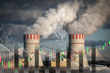 Nuclear power plant cooling tower with financial chart of energy price in Europe. European energy...