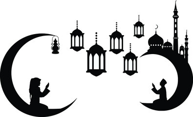Fototapeta na wymiar Ramadan Kareem Moon Mosque Arabic Night Invitation Decoration Lantern Vectors 