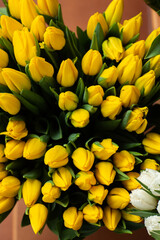Obraz premium Many different colors on the stand table in the flower shop. Showcase. Background of mix of flowers. Beautiful flowers for catalog or online store. Floral shop and delivery concept.