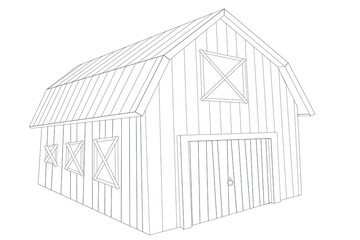 Red Barn Illustration. Countryside View with Red Farm Building. Coloring page. Black outline.