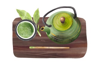 Matcha green tea hand drawn collection with hot drink illustration. Japanese ceremony relax meditation lifestyle.