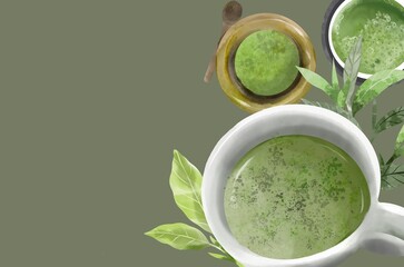 Matcha green tea hand drawn collection with hot drink illustration. Japanese ceremony relax meditation lifestyle.