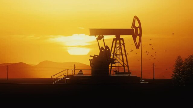 3D render silhouette of an oil rig station that pumps oil from a well at sunset