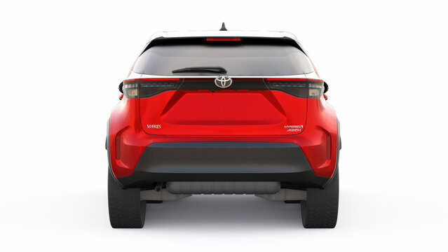 Tokyo, Japan. April 20, 2022: Toyota Yaris Cross 2020. Compact red SUV with a hybrid engine and four-wheel drive for the city and suburban areas on a white isolated background. 3d illustration