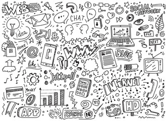 Internet and web doodles, hand drawn vector illustration