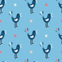 Seamless vector pattern with singing birds on blue background. Сoncept for fabric and paper, surface textures.