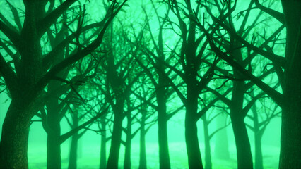 Fototapeta premium a glowing green light in the middle of the forest (3d rendering)