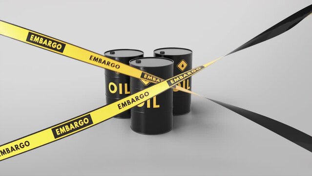 A concept shot of many black barrels with oil sign on it on a light background along with embargo ribbons in the foreground.