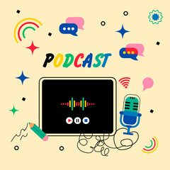 Podcast and broadcasting vector illustration. Flat design. Radio.