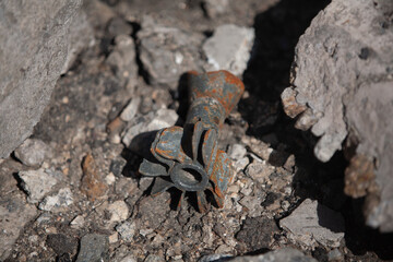Fragments of broken mines on the ground