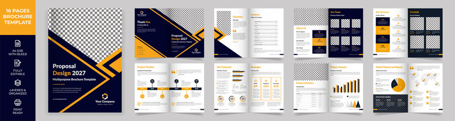 16-page Multipurpose Brochure template, simple style and modern layout, Elements of infographics for Business Proposal, Presentations, Annual report, Company Profile, Corporate report, advertising - obrazy, fototapety, plakaty