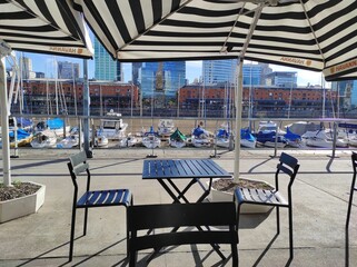 Puerto Madero, Buenos-Aires, terrasse sur le  le port et vue sur le quartier des affaires, Argentine