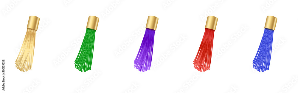 Wall mural Tassel. Vector fringe or handbag accessory, graduate hat isolated on white background. Multicolor 3d rope with tassel, hanging window curtain decoration element design - Wall murals
