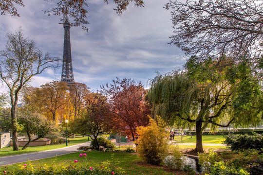 Paris, France - October 19, 2020: Beautiful Autumn colors in Trocadero Park with Eiffel Tower in background