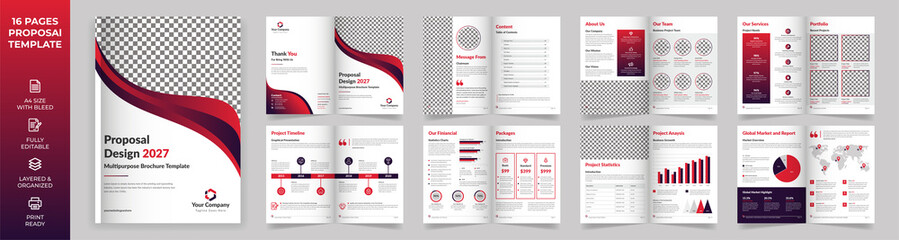 16-page Multipurpose Brochure template, simple style and modern layout, Elements of infographics for Business Proposal, Presentations, Annual report, Company Profile, Corporate report, advertising - obrazy, fototapety, plakaty
