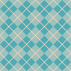 Vector geometric seamless pattern. Abstract blue and beige texture with squares, rhombuses, lines, grid, lattice, grill, net. Stylish checkered background. Retro vintage style repeat decorative design