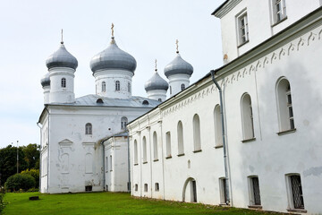 Fototapeta na wymiar St. George's Cathedral of St. George's Monastery at the source of the Volkhov River, on the shore of Lake Ilmen. Veliky Novgorod, Russia
