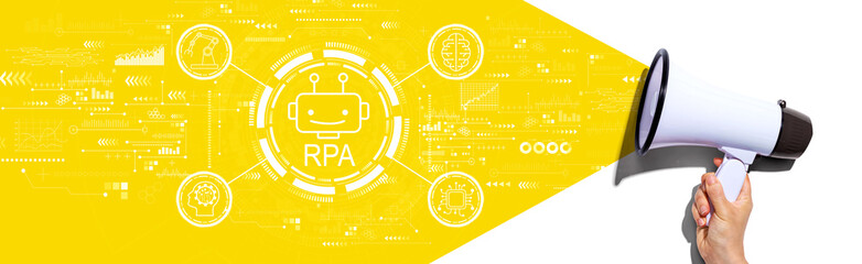 Robotic Process Automation RPA theme with hand holding a white megaphone