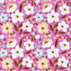 Seamless floral design with hand-drawn white large and small blue flowers on a pink background. Computer graphics. A repeating pattern can be used for the background, surface textures and fabrics