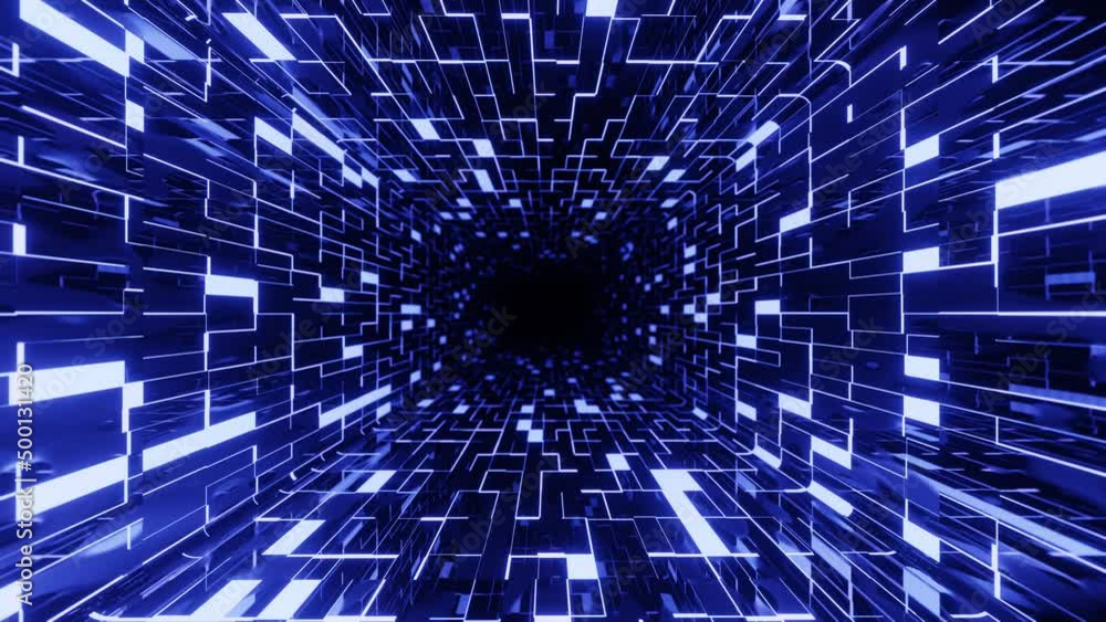 Poster 4k seamless looped animation. Fly through mirror tunnel with neon pattern, glow lines form sci fi pattern. Bright reflection neon light. Simple bright background, sci fi structure
