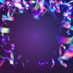 Bokeh Glare. Light Confetti. Blur Prism. Falling Background. Glitter Foil. Metal Christmas Template. Bright Art. Purple Retro Effect. Violet Bokeh Glare