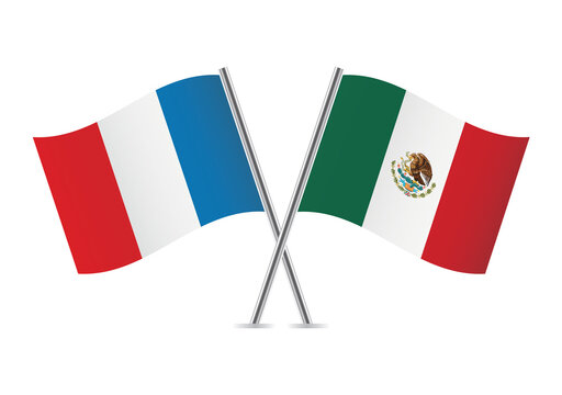 France and Mexico crossed flags. French and Mexican flags on white background. Vector icon set. Vector illustration.