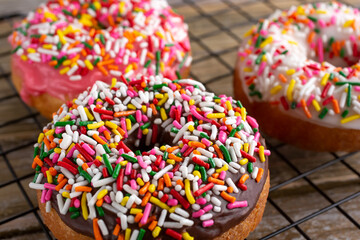 A view of several donuts with rainbow sprinkles.