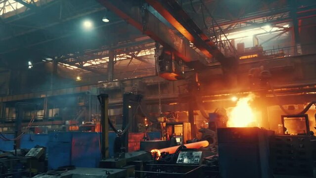 Metal casting in metallurgical plant or factory. Process of melting and forming production of iron pipes in industrial machines in workshop.