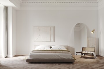 3d render of a minimalistic classic style bedroom, bas-relief decor on the wall, wooden parquet, armchair and oval mirror,  decoration.  Mockup frame