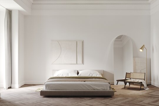 Fototapeta 3d render of a minimalistic classic style bedroom, bas-relief decor on the wall, wooden parquet, armchair and oval mirror,  decoration.  Mockup frame