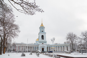 Winter city landscape and Orhtodox Saint-Pokrov cathedral church. Beautiful historic architecture
