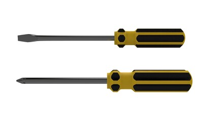 3d illustration. A beautiful view of yellow screwdriver on a white blackground. Work tool for repair and fix.