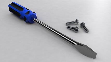 3d illustration. A beautiful view of blue screwdriver on a gray blackground. Work tool for repair and fix.