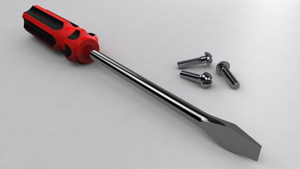 3d illustration. A beautiful view of red screwdriver on a gray blackground. Work tool for repair and fix.