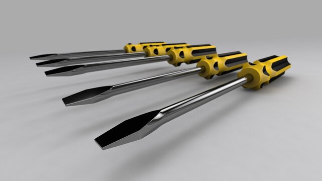 3d illustration. A beautiful view of yellow screwdriver on a gray blackground. Work tool for repair and fix.