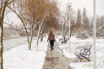beautiful winter city landscape with trees, street lamps, benches and walking unrecognizable woman back to camera