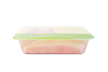 Raw chicken fillet for cooking.Sliced pieces of raw meat in a transparent tray in a supermarket.Chicken meat in a tray for supermarket.Transparent tray with meat on an isolated background.Side view.