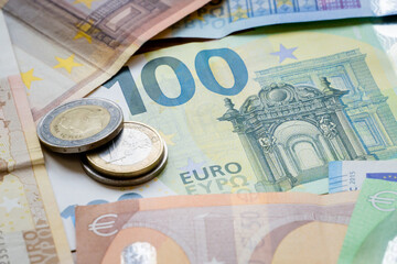 euro bills and coins euro cash. european currency