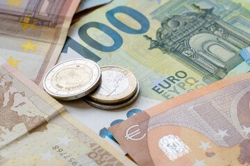 euro bills and coins euro cash. european currency