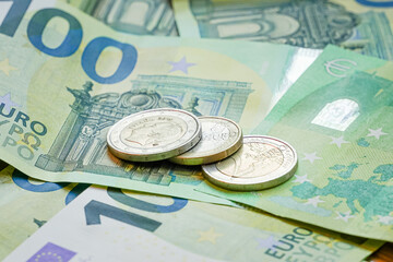euro bills and coins euro cash. european currency