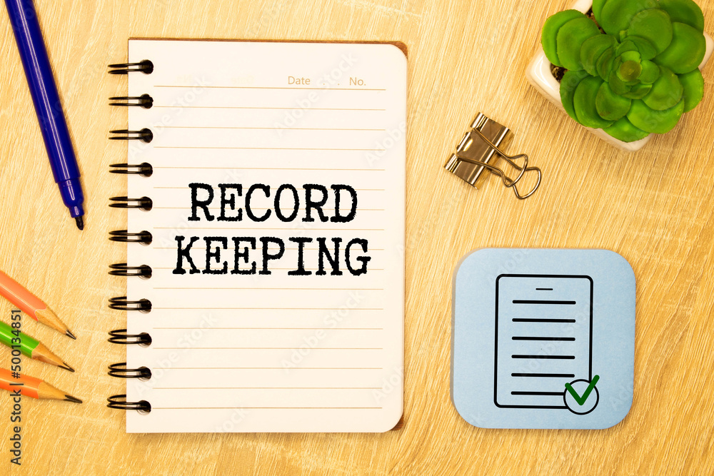 Poster record keeping text written on a notebook with pencils