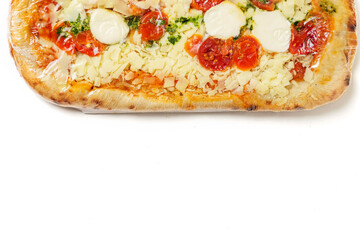 Premium high quality pizza with mozzarella cheese and tomato. Italian style dish with top products on white background.