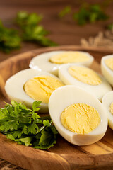 Sliced ​​boiled eggs on the table.