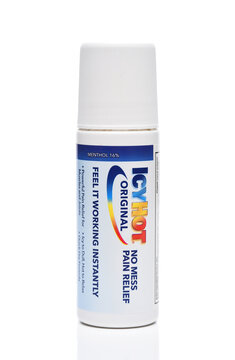 IRVINE, CALIFORNIA - 20 APR 2022: A bottle of Icy Hot Original roll-on pain relief.