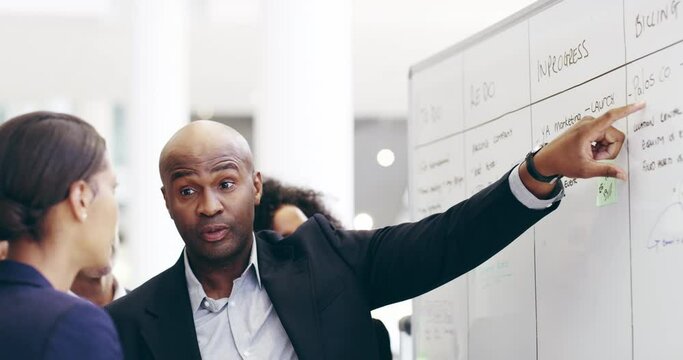 Heres where we need to focus. 4k video footage of a group of businesspeople working on a whiteboard in their workplace.