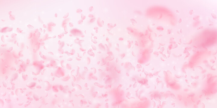 Sakura petals falling down. Romantic pink flowers gradient. Flying petals on pink wide background. Love, romance concept. Positive wedding invitation.