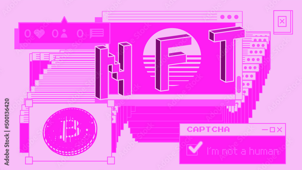 Poster Computer screen with of user interface elements and bitcoin sign. Conceptual illustration of the NFT or Non-fungible token.