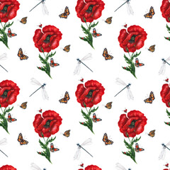 Seamless pattern; red poppies, green leaves, buds, summer insects dragonfly , butterfly. Design with hand drawn by watercolor natural elements for wrapping paper, textile, wallpaper.