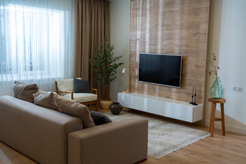 modern minimalist living room interior with open tv area